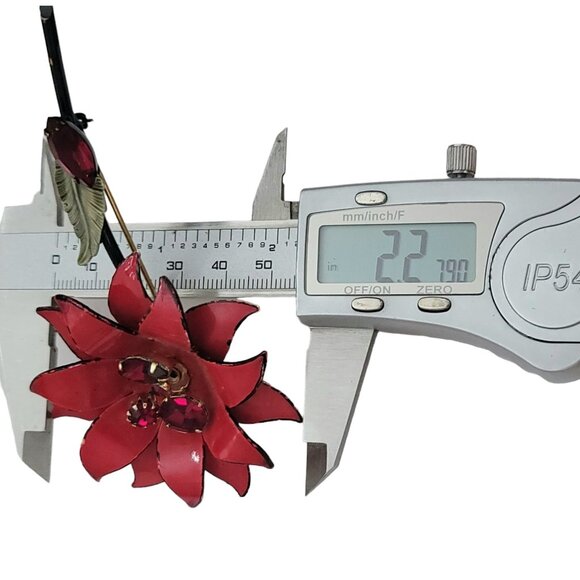 Francois Red Enamel Rhinestone Metal Stemmed Flower Brooch, Signed E957 - Picture 11 of 13